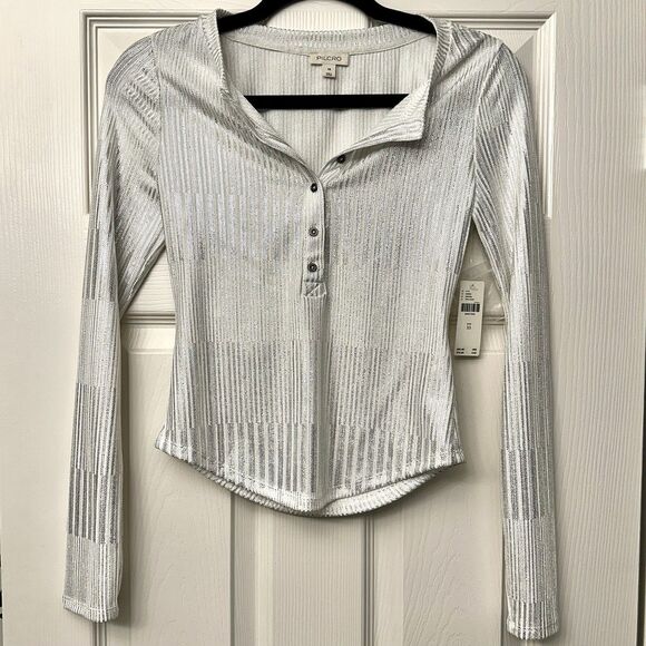Pilcro Silver Henley Top Blouse Shine Edition Anthropologie Womens Size XS NWT - Picture 1 of 10